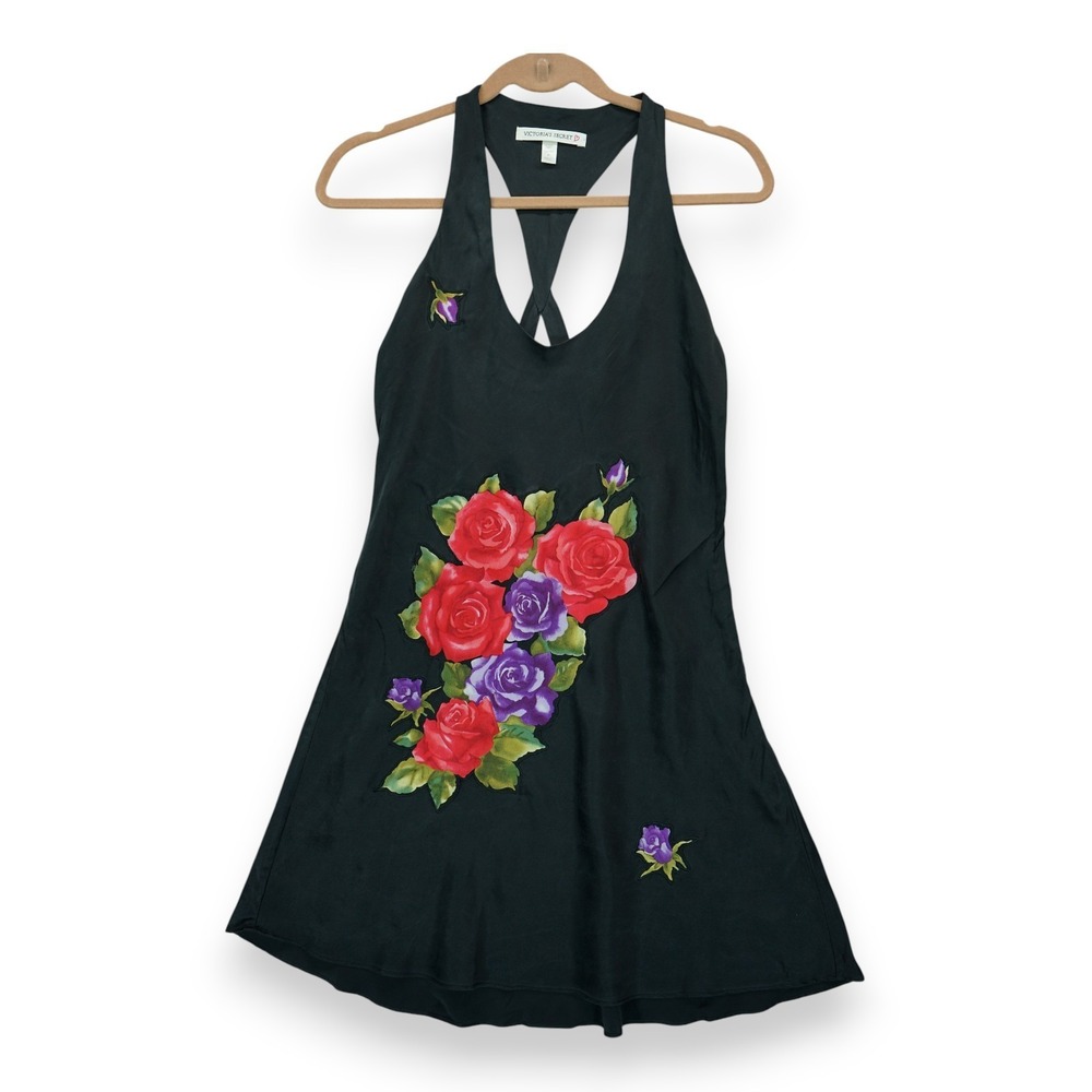 Vintage Y2k Victoria's Secret Silk Mini Slip Dress Black Roses Print Size Medium